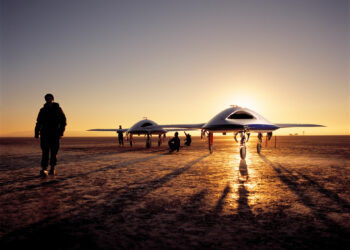 Boeing, Palmdale (California), una coppia di droni sulla sabbia del deserto all’alba: i due UCAV erano stati posizionati la sera precedente, e la squadra di Jeff Corwin ha iniziato a lavorare prima che sorgesse il sole per allestire l’illuminazione artificiale d’appoggio a quella naturale.