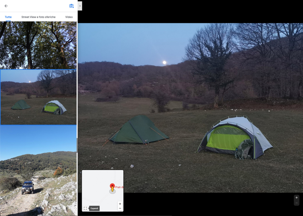 Uno screenshot mostra una pagina di Google Maps consultata per pianificare una sessione di fotografia notturna in montagna