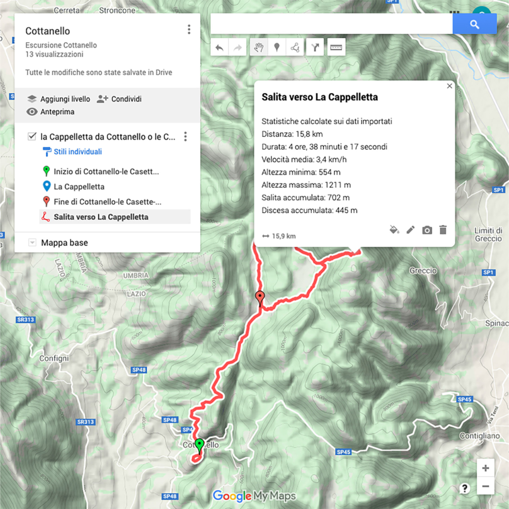 Uno screenshot mostra una pagina di Google Maps consultata per caricare un tracciato GPX del percorso da affrontare durante una sessione di fotografia notturna