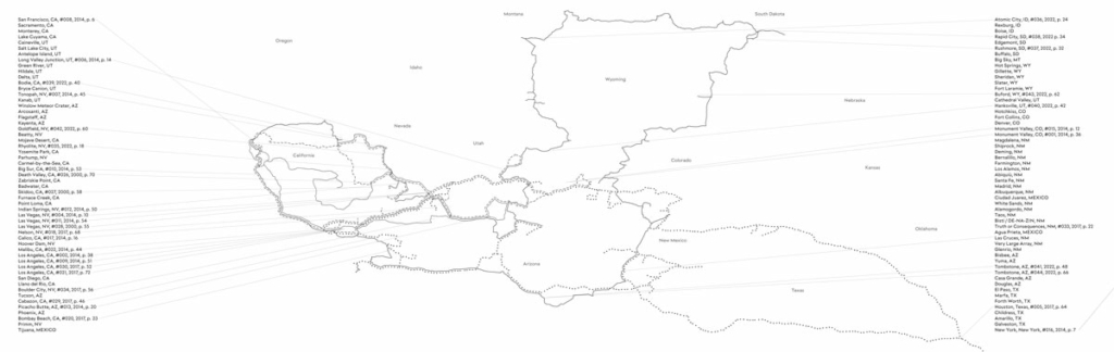 Mappa di 8x2,5m che ricostruisce le tappe dei viaggi negli Stati Uniti di Francesco Jodice per il progetto "WEST".