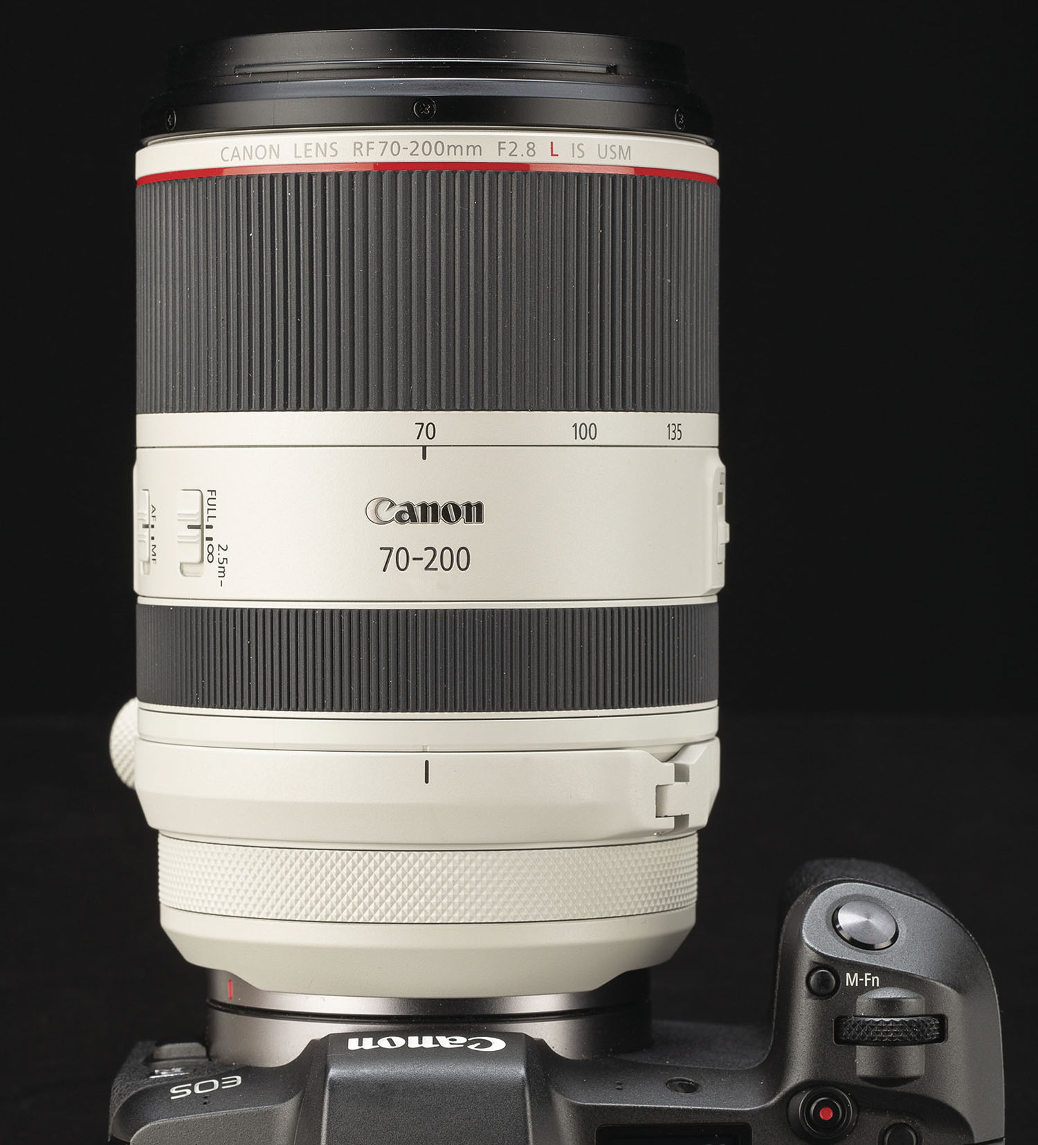Il Canon RF 70-200mm f2.8 visto da sopra alla focale minima