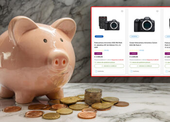 Un porcellino salvadanaio di fianco a una schermata dello store online Canon