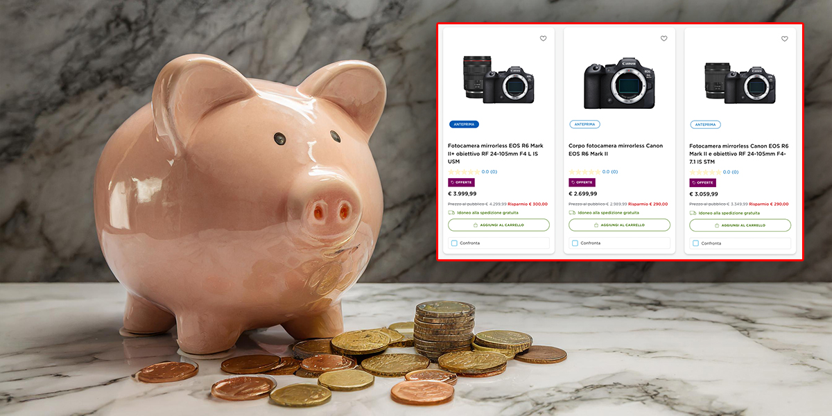 Un porcellino salvadanaio di fianco a una schermata dello store online Canon