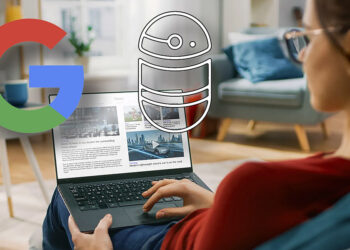 ragazza con laptop e loghi google e c2pa