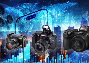 fotocamere su paesggio spazione con iphone di sfondo