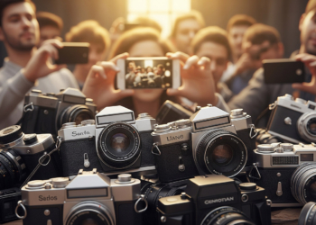 persone con smartphone fotografano fotocamere classiche dismesse