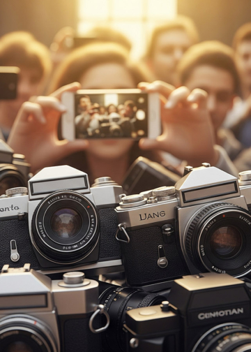 persone con smartphone fotografano fotocamere classiche dismesse