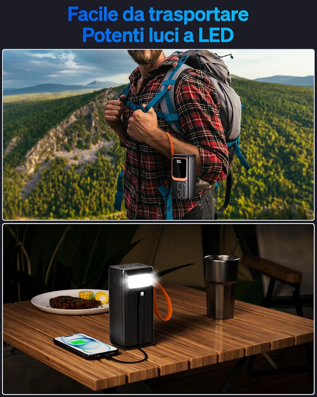 Power bank da 50.000mAh con due cavi e torcia led integrati, ricarica da 22,5W.