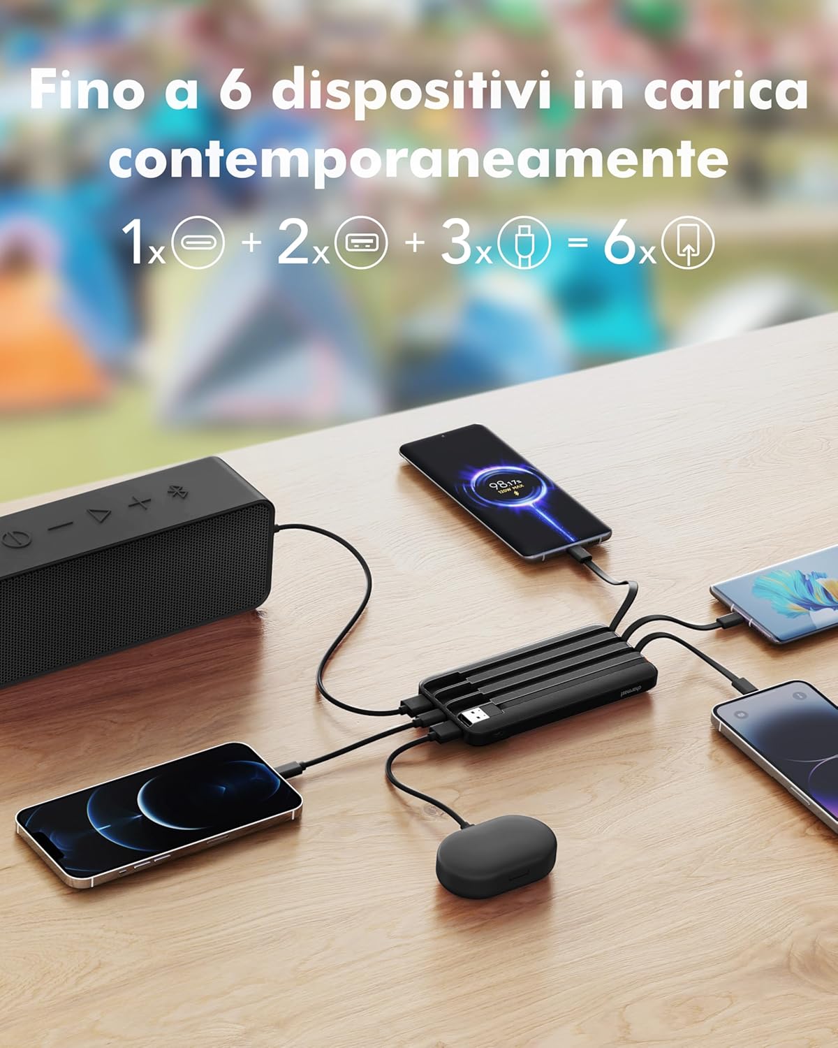 Charmast power bank, 20.000mAh, 22,5W e quattro cavi integrati.