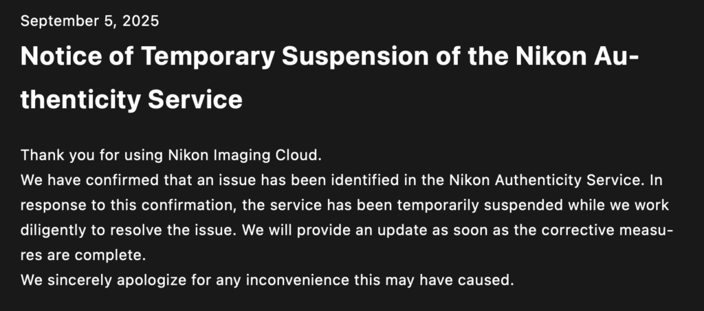 nikon comunica la sospensione del servizio authenticity service