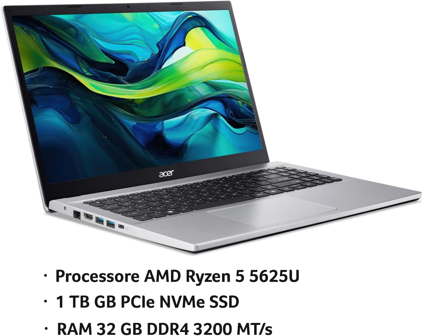 acer Aspire Go 15 AG15-42P-R5V8 PC Portatile, Notebook, Processore AMD Ryzen 5 5625U, RAM 32 GB DDR4, 1024 GB PCIe NVMe SSD, Display 15.6" FHD, Scheda Grafica AMD Radeon, Windows 11 Home, Silver