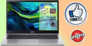 acer Aspire Go 15 AG15-42P-R5V8 PC Portatile, Notebook, Processore AMD Ryzen 5 5625U, RAM 32 GB DDR4, 1024 GB PCIe NVMe SSD, Display 15.6" FHD, Scheda Grafica AMD Radeon, Windows 11 Home, Silver