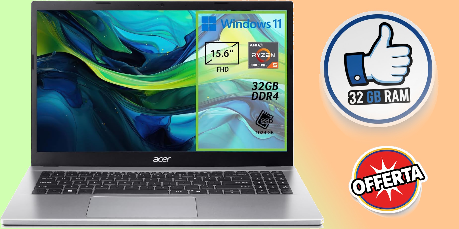 acer Aspire Go 15 AG15-42P-R5V8 PC Portatile, Notebook, Processore AMD Ryzen 5 5625U, RAM 32 GB DDR4, 1024 GB PCIe NVMe SSD, Display 15.6" FHD, Scheda Grafica AMD Radeon, Windows 11 Home, Silver