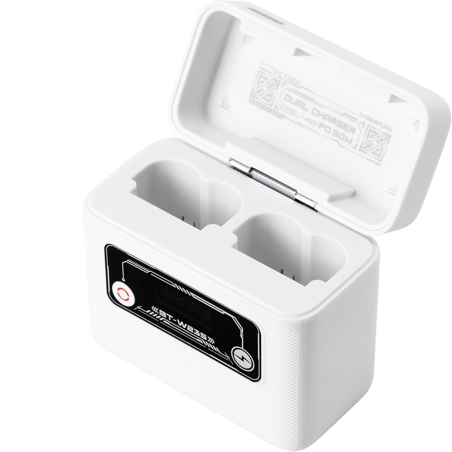 Il caricatore VILTROX con Power Bank integrato da 5500mAh, PD 30W USB-C è disponibile per diversi modelli di batterie per fotocamere, qui sopra il modello per Fujifilm NP-W235