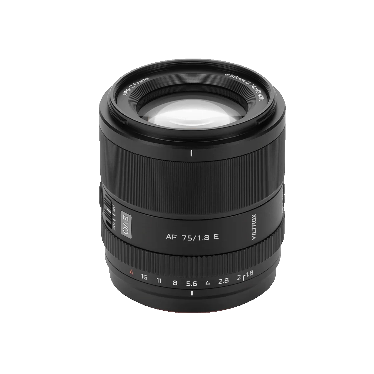 Il Viltrox AF 75mm f/1,8 Evo offre la ghiera dei diaframmi, il commutatore AF/MF e un pulsante funzione.