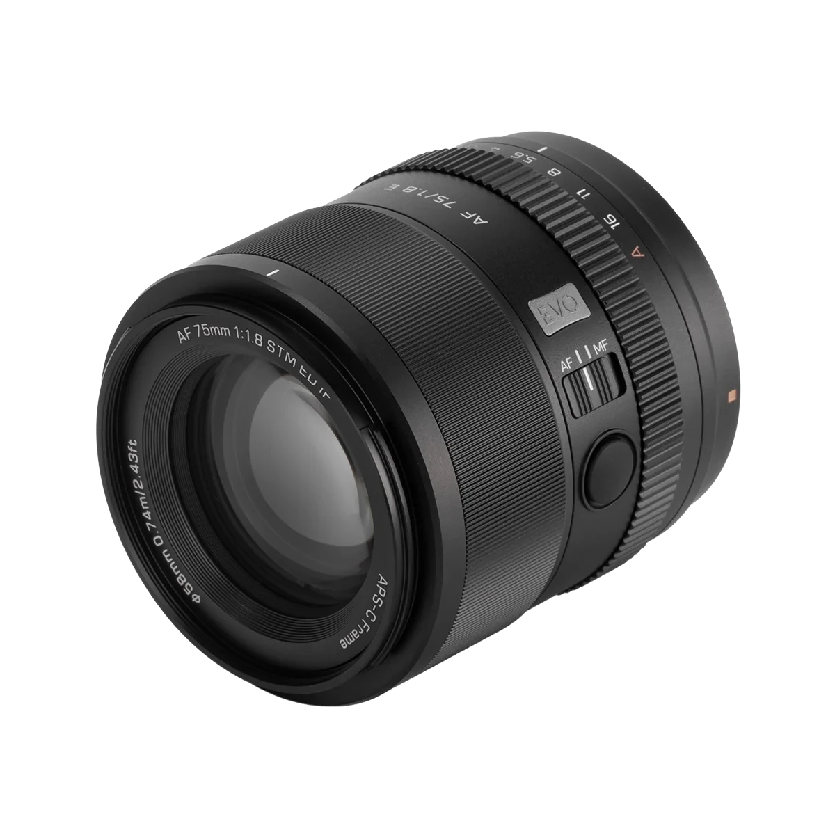 Il Viltrox AF 75mm f/1,8 Evo offre la ghiera dei diaframmi, il commutatore AF/MF e un pulsante funzione.