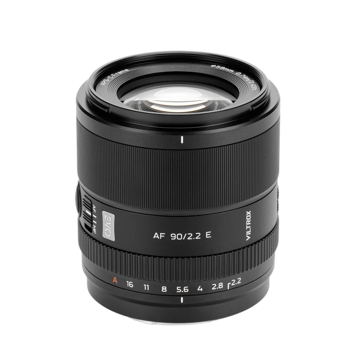 Il Viltrox AF 90mm f/2,2 Evo offre la ghiera dei diaframmi, il commutatore AF/MF e un pulsante funzione.