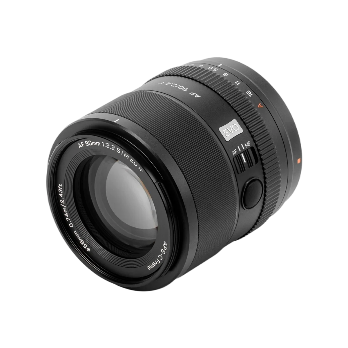 Il Viltrox AF 90mm f/2,2 Evo offre la ghiera dei diaframmi, il commutatore AF/MF e un pulsante funzione.